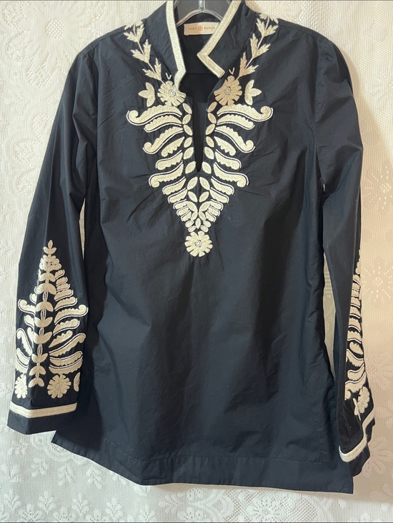 Tory Burch Tops - Tory Burch Black Embroidered Tunic Top with White Floral Motif 2